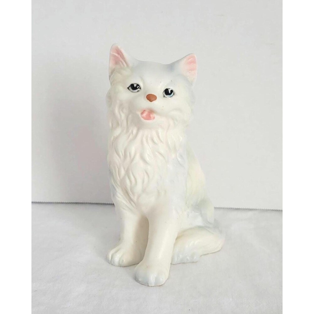 Vintage White Cat Figurine Long Fur Blue Eyes Enesco E2418 Japan